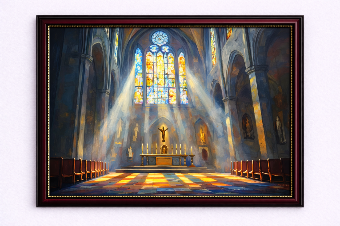 A Cathedral Interior with Light Beams