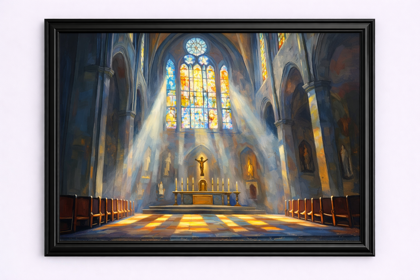 A Cathedral Interior with Light Beams