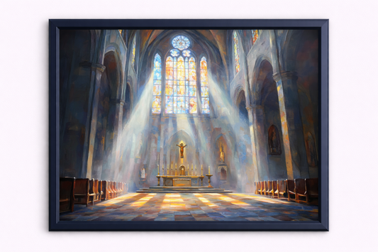 A Cathedral Interior with Light Beams