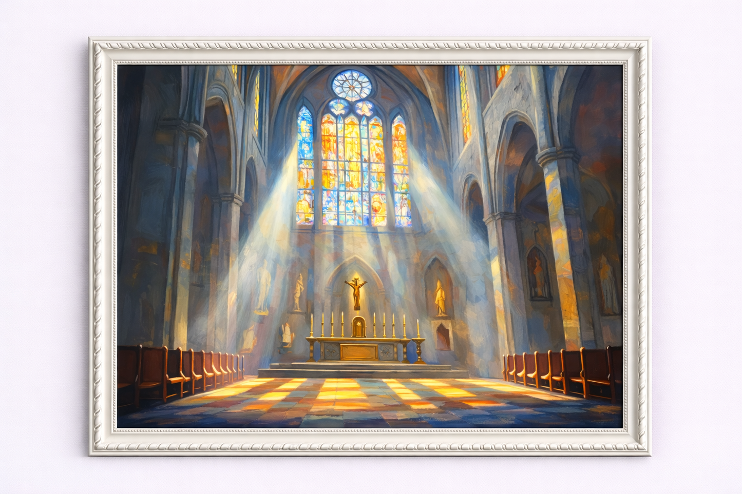 A Cathedral Interior with Light Beams