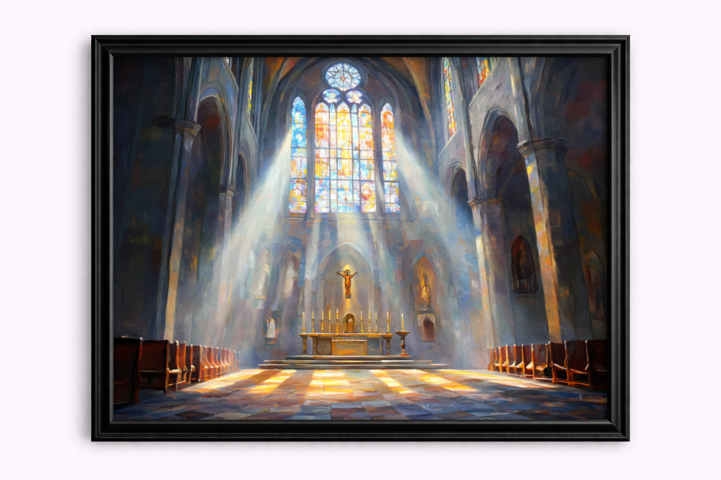 A Cathedral Interior with Light Beams