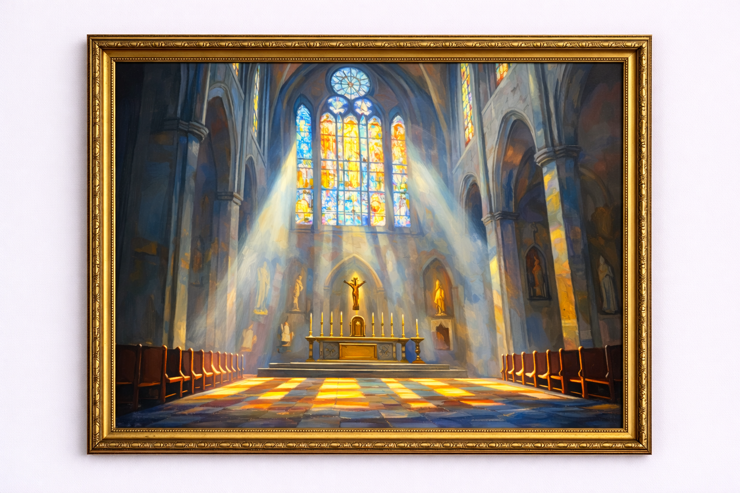 A Cathedral Interior with Light Beams