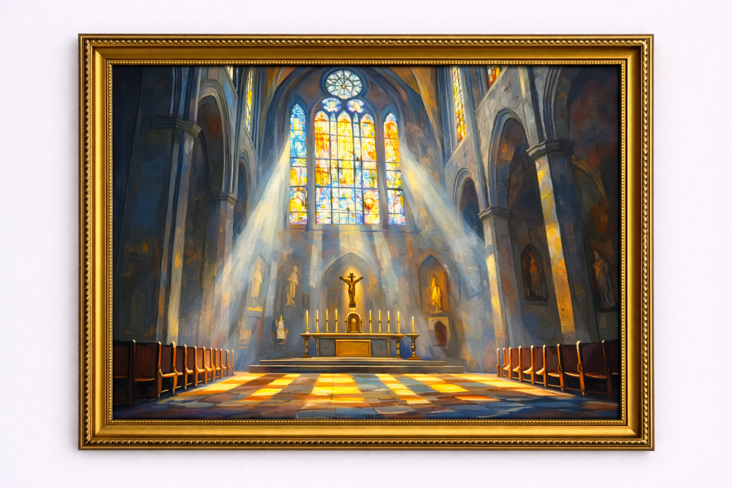 A Cathedral Interior with Light Beams